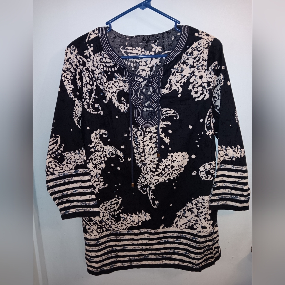 Michael Kors Flowing Tunic Top Stripes & Paisley Floral Design